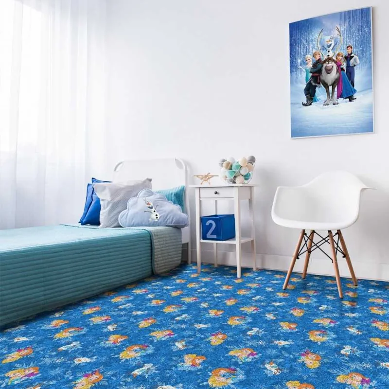 Blue Frozen-themed carpet in a child's bedroom featuring Elsa and Anna.