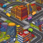 Close-up of city road carpet with colorful toy cars.