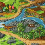 Close-up of dinosaur play carpet with small toy figures.