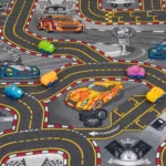 Close-up of racing track carpet with small toy cars.