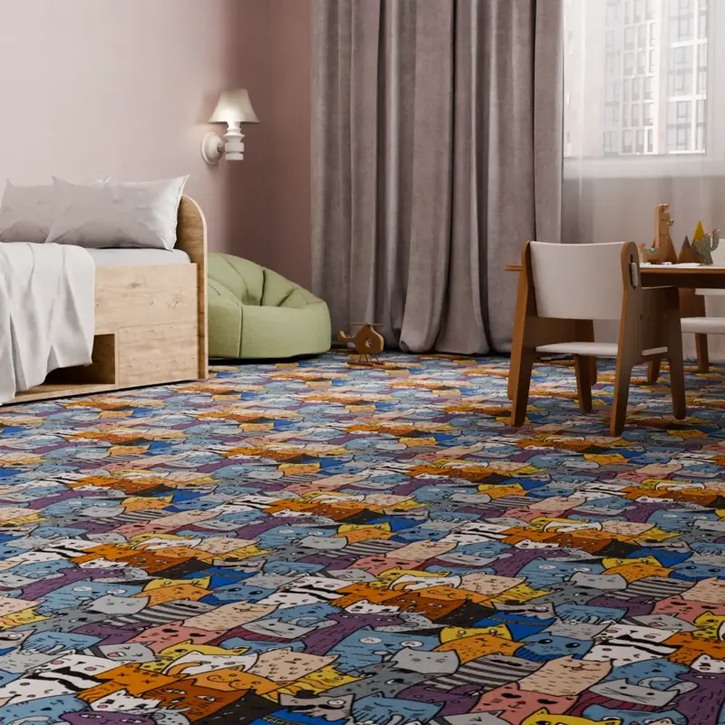 Kids' bedroom with a playful carpet featuring a dense pattern of multi-colored cartoon cats.