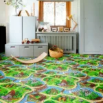 Kids' playroom with a dinosaur world map carpet.