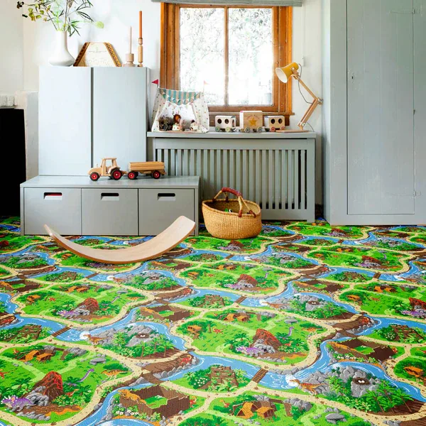 Kids' playroom with a dinosaur world map carpet.