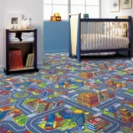 Nursery room featuring a city road map play carpet.