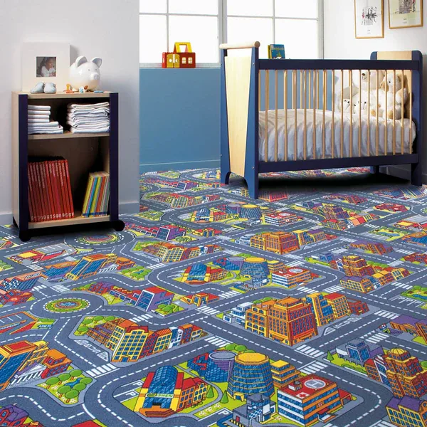Nursery room featuring a city road map play carpet.