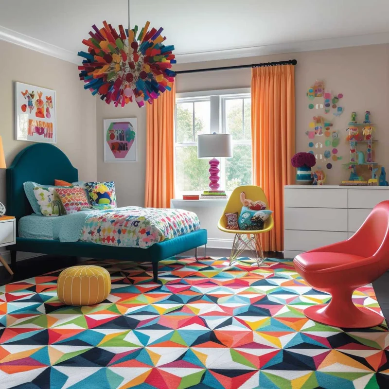 Pink and green village play carpet showing felt non-slip backing.