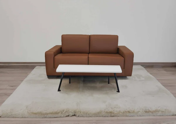 Brown-leather-sofa-and-white-coffee-table-on-beige-rug.