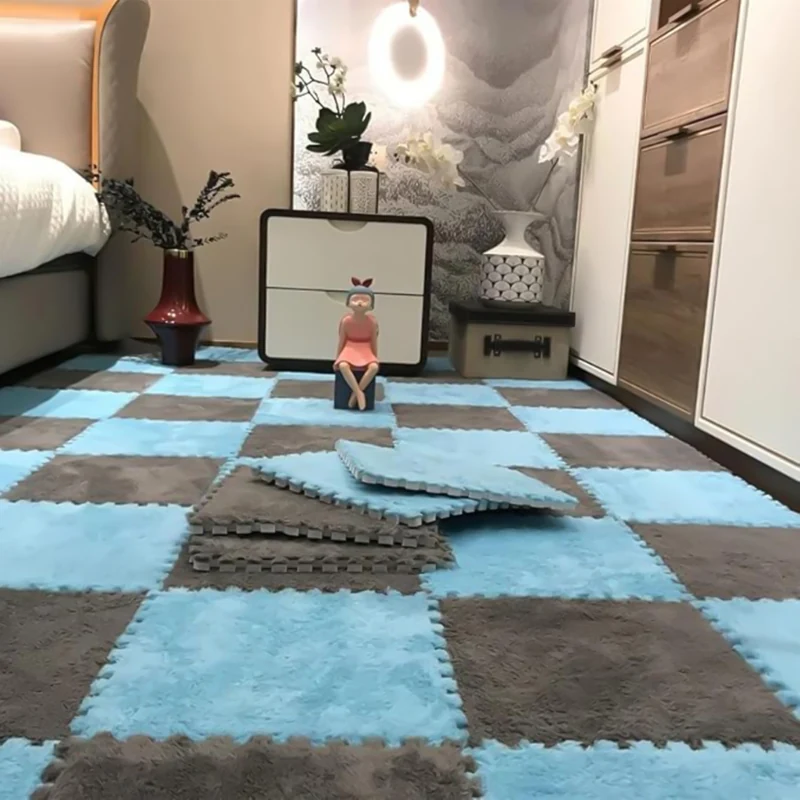 Interlocking blue and grey foam play mat in kids room