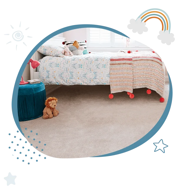Soft beige wall-to-wall carpet in a cozy kids bedroom